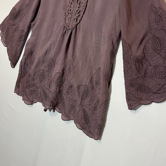 Solitaire Women Top Tunic Embroidery Boho Blouse Medium Purple Tie Flare Sleeve - Picture 7 of 11